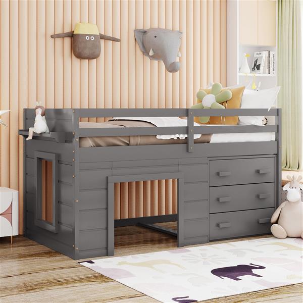 Twin Size Loft Bed with Cabinet and Shelf - Gray