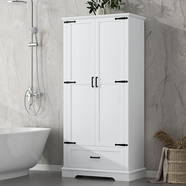 Tall Bathroom Storage Cabinet, Cabinet with Two Doors and One Drawer, Adjustable Shelf, MDF Board, White