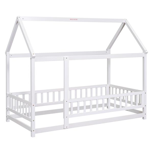 Twin Size Floor Wooden Bed with House Roof Frame, Fence Guardrails,White