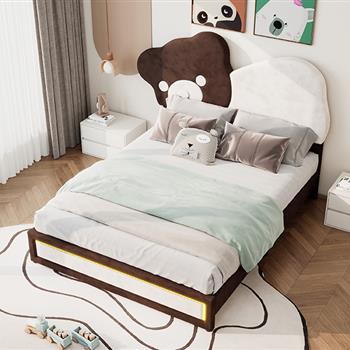 Full Size Upholstered Platform Bed with Bear Shaped Headboard, LED Light Strips, White + Brown