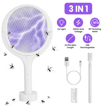 3 In 1 Electric Bug Zapper Racket 90ºRotating Bug Zapper Wand Indoor Outdoor Handheld Mosquito Swatter with Telescopic Extension Wand