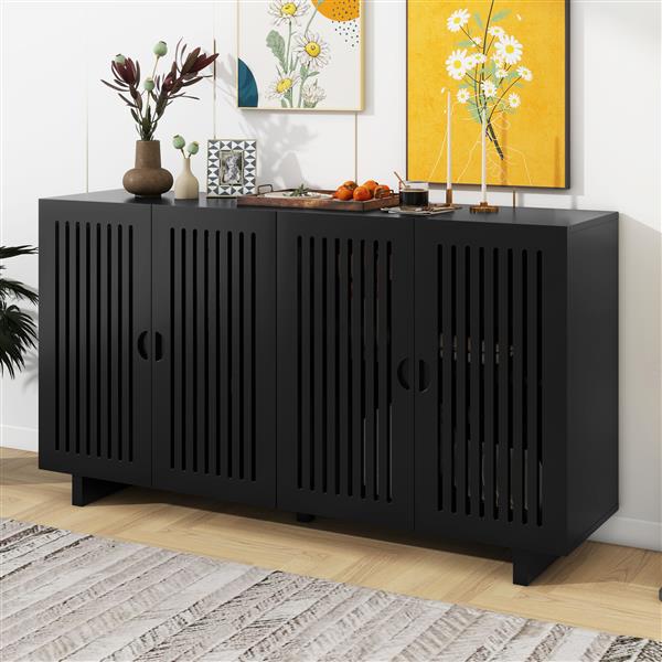 Modern Style Sideboard with Superior Storage Space, Hollow Door Design and 2 Adjustable Shelves for Living Room and Dining Room (Black)