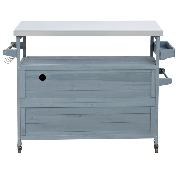 Outdoor Kitchen Island, Rolling Bar Cart & Storage Cabinet, Farmhouse Solid Wood Outdoor Grill Table with Stainless Steel Top, Spice Rack , Towel Rack for Kitchen & BBQ , Grey Blue