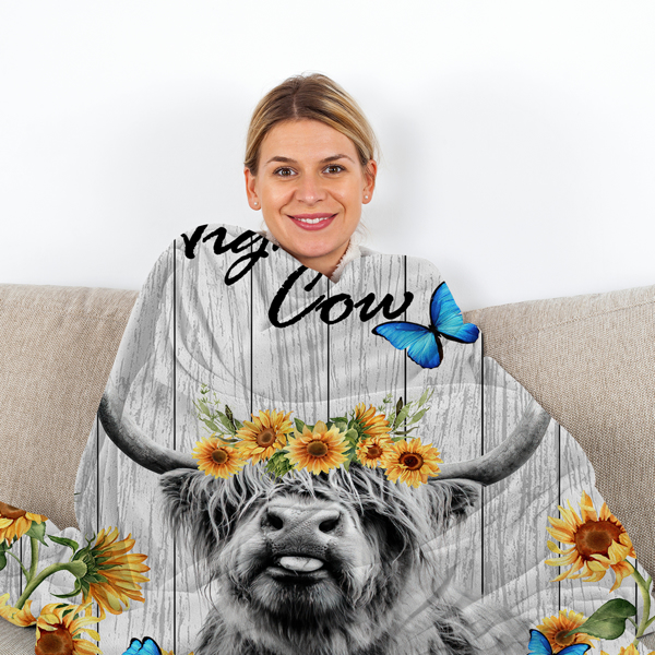 3D Highland Cow Blanket Sunflower Cow Flannel Throw Blanket for Living Room Couch Bed Sofa Adults All Seasons 130X150cm