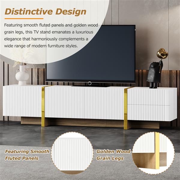 Luxury Fluted TV Stand for TVs Up to 80'', Modern Entertainment Center with Storage Cabinets & Drawers, Smooth Media Console with lden Wood Grain Legs for Living Room, White