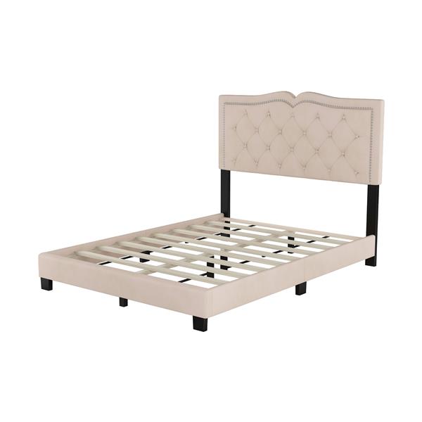 Full Size Upholstered Bed Frame with Rivet Design, Modern Velvet Platform Bed with Tufted Headboard,Beige