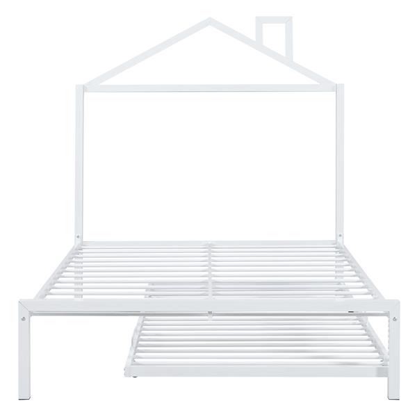 Full Size Metal Platform Bed with twin size trundle,House-Shaped Headboard Design, White