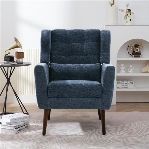 Modern Chair,Chenille Arm Chairs for Living Room,Upholstered Mordern Armchair,Comfy Soft Padded Lounge Chair in Small Space, Bedroom, w/Pillow, Solid Wood Leg (Dark Blue)