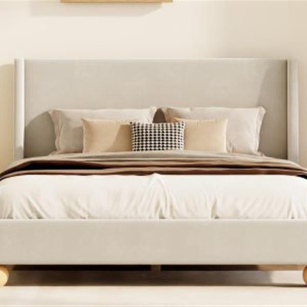 Modern Velvet Upholstered Platform Bed with Wingback Headboard and Round Wooden Legs, Cream,King Size