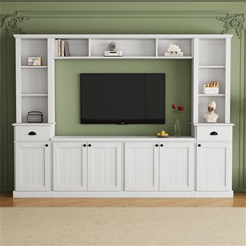 Minimalist Entertainment Wall Unit Set with Bridge for TVs Up to 75\\'\\', Ample Storage Space TV Stand with Adjustable Shelves, Modernist Large Media Console for Living Room, White