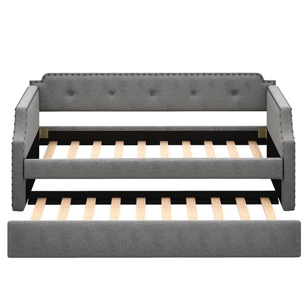 Upholstered Daybed with Trundle, Wood Slat Support,Upholstered Frame Sofa Bed , Twin,Gray