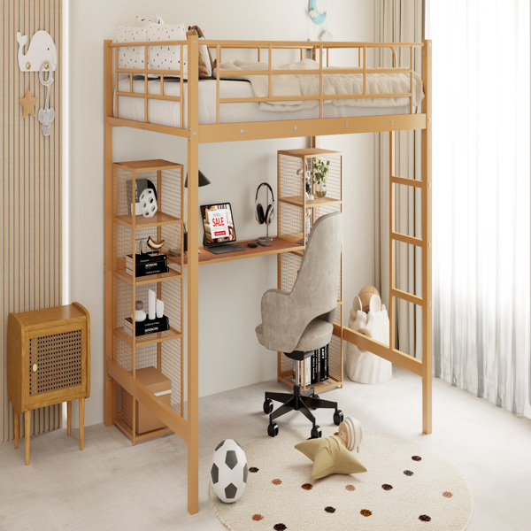 Full Size Metal Loft Bed with Built-in Desk and Shelves, Gold+Brown