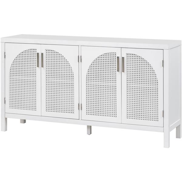 Large Storage Space Sideboard with Artificial Rattan Door and Metal Handles for Living Room and Entryway (White)