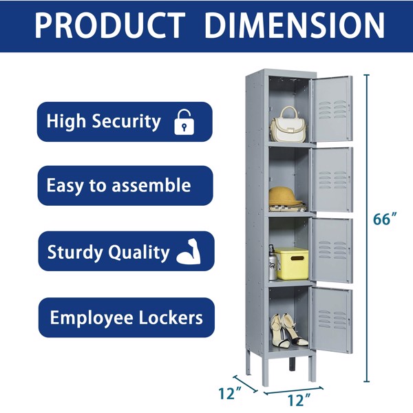 4 Door 66"H Metal Lockers With Lock for Employees,Storage Locker Cabinet for Home Gym Office School Garage,Gray