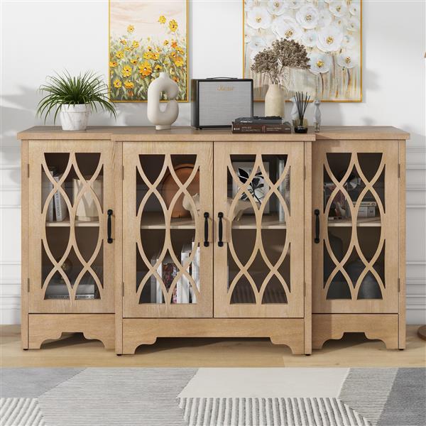 Retro Sideboard Glass Door with Curved Line Design Ample Storage Cabinet with Black Handle and Three Adjustable Shelves for Dining Room and Kitchen (Natural Wood)