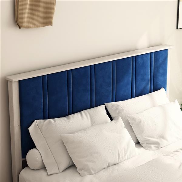 Full Bed Frame, Wood with Wood Headboard Bed Frame with upholstered headboard /  Wood Foundation with Wood Slat Support / No Box Spring Needed / Easy Assembly