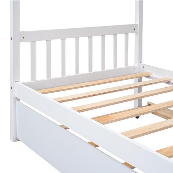 Twin Size Wooden House Bed with Twin Size Trundle, White