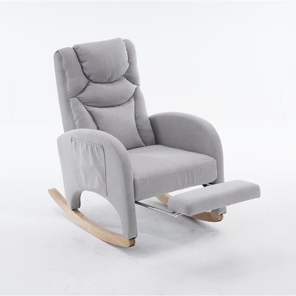 052- Cotton Linen Fabric Nursery Rocking Chair With Adjustable Footrest,Light Gray