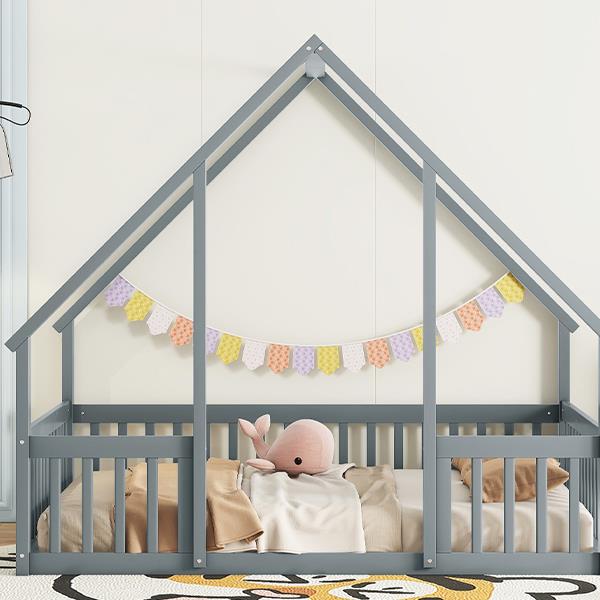 Full Wood House-Shaped Floor Bed with Fence, Guardrails,Grey