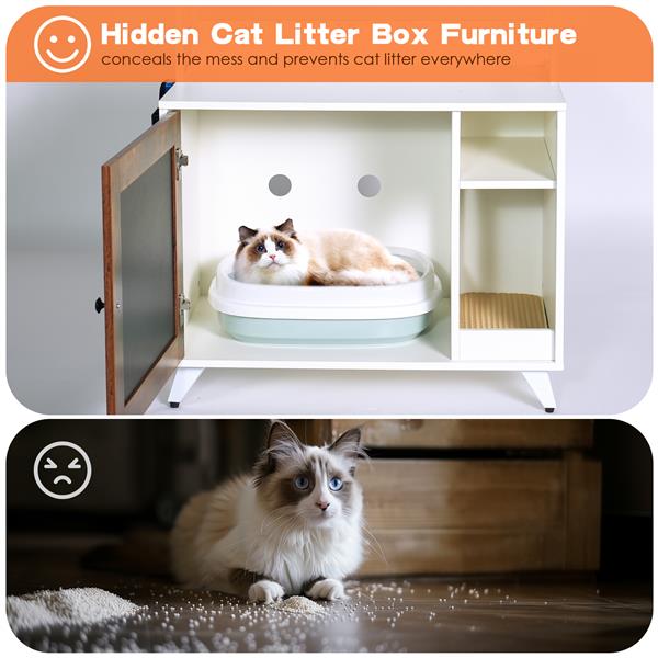 Graffiti the litter box Enclosure with 2 Storage Shelves and 1 Doors, Hidden Cat Litter Box Enclosure Furniture with Shelf, Indoor Cat House Furniture for Most of Litter Box,White