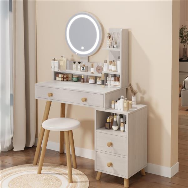 Round Mirror Bedside Cabinet Vanity Table + Cushioned Stool, 17" diameter LED Mirror, Touch Control, 3-color, Brightness adjustable, Large Desktop, Right Bedside Cabinet, Multi-layer Storage