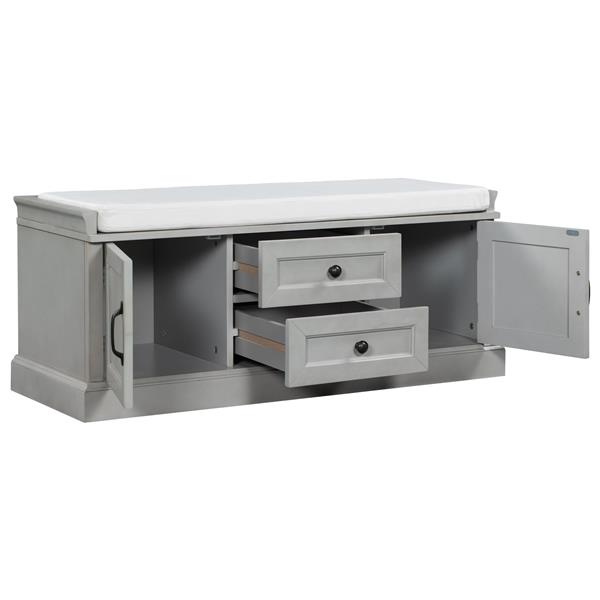 Storage Bench with 2 Drawers and 2 Cabinets, Shoe Bench with Removable Cushion for Living Room, Entryway (Gray Wash)