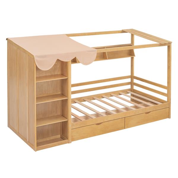 Twin size House Bed with Two Drawers and Wardrobe,Natural