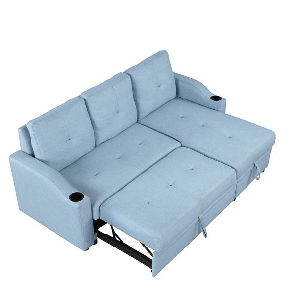 80.3". Pull Out Sofa Bed Modern Padded Upholstered Sofa Bed , Linen Fabric 3 Seater Couch with Storage Chaise and Cup Holder , Small Couch for Small Spaces