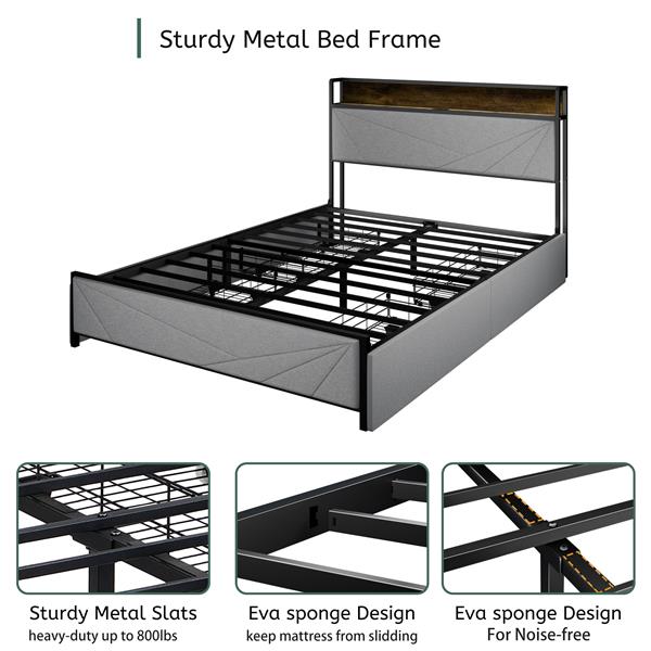 Full Size Bed Frame with 4 Storage Drawers and 2 USB Ports, Upholstered Platform Bed Frame with Storage Headboard Charging Station and metal Slat Support, No Box Spring Needed, Dark Grey.