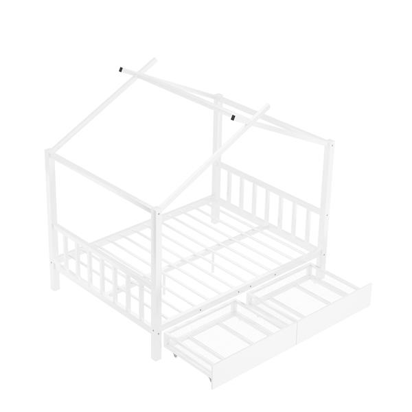 Full Size Metal House Platform Bed with Two Drawers,Headboard and Footboard,Roof Design,White