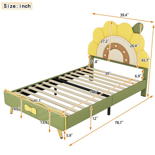 Twin Size Upholstered Platform Bed with Sunflower Shaped Headboard, Green