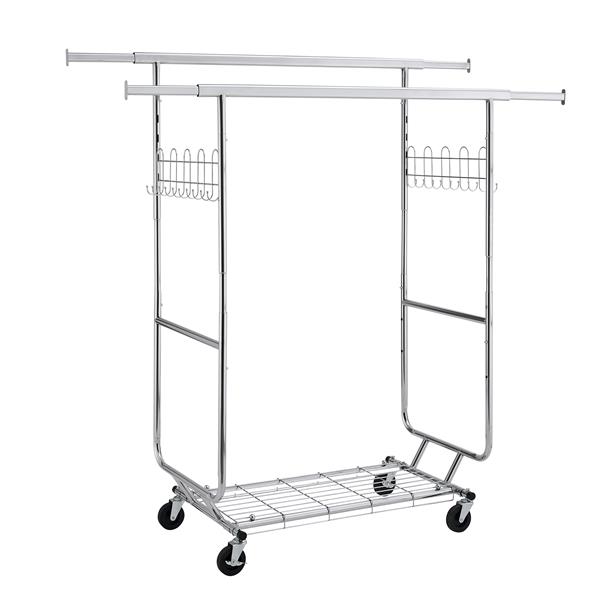 Double Clothing Garment Rack with Shelves Capacity 800lbs Clothing Racks on Wheels Rolling Clothes Rack for Hanging Clothes Heavy Duty Portable Collapsible Commercial Garment Rack