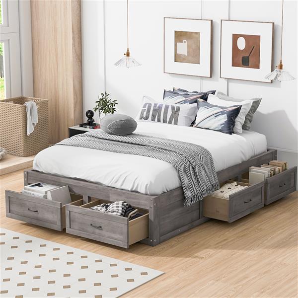 Full Size Platform Bed with 6 Storage Drawers,Antique Gray