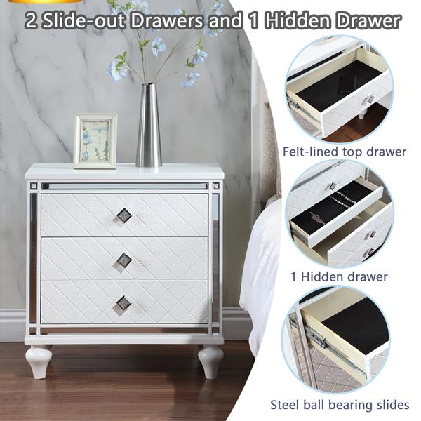 Contemporary Nightstands with mirror frame accents, Bedside Table with two drawers and one hidden drawer, End Table with Crystal Pull for Living Room,Bedroom, White