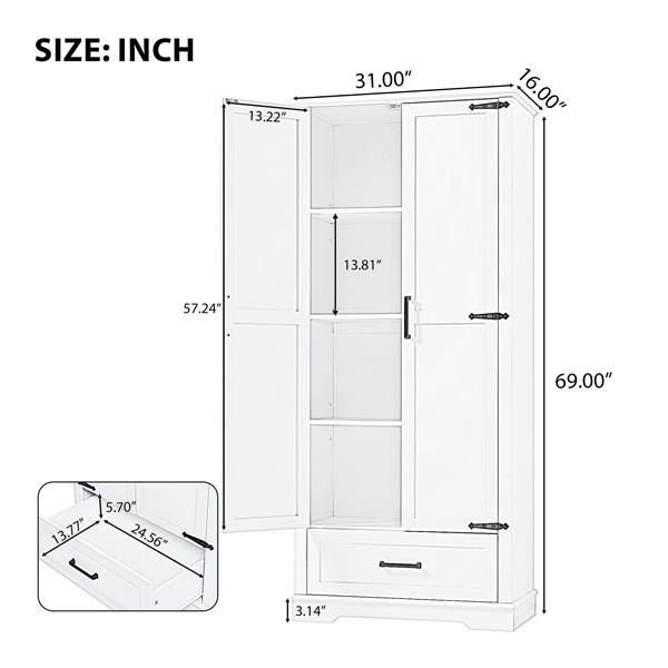 Tall Bathroom Storage Cabinet, Cabinet with Two Doors and One Drawer, Adjustable Shelf, MDF Board, White