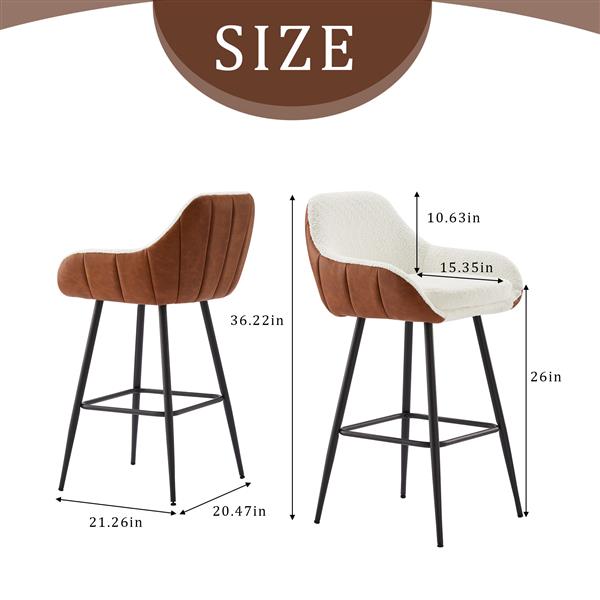 26" Modern Counter Height Bar Stools Set of 2, Mid Century Leather Upholstered Arm Bar Stools, Leisure Side Chair with Metal Legs for Kitchen&Dining Room