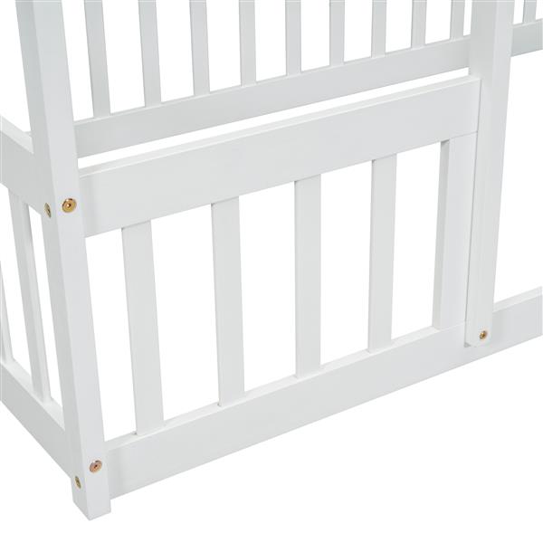 Twin Wood House-Shaped Floor Bed with Fence, Guardrails ,White