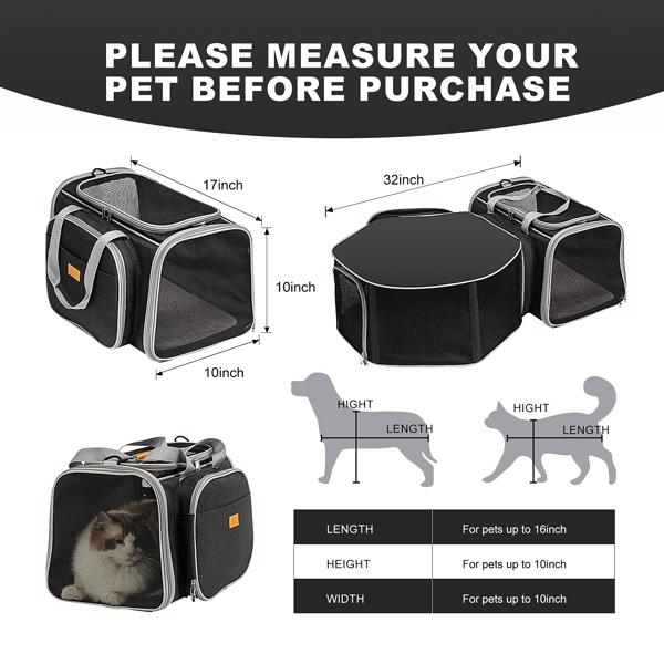 Cat Carrier Detachable Pet Carrier Airline Approved Foldable Expandable Travel Pet Bag 3 in 1 Soft Side Small Dog Cat Bed Indoor and Outdoor Pet Mobile Tent (Black)