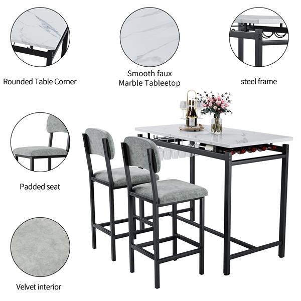 Kitchen Table Set, Dining Table and Chairs for 2, 3 Piece Dining Room Table Set with 2 Upholstered Chairs, Bar Dining Table Set for Small Spaces, Apartment, Breakfast, Pub, Rustic Black