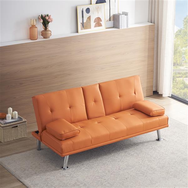 67" Orange Leather Multifunctional Double Folding Sofa Bed for Office with Coffee Table