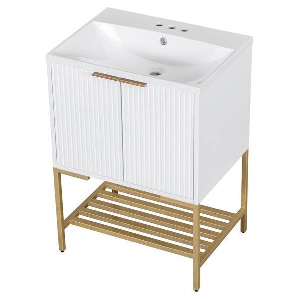 24" Bathroom Vanity with Sink, Bathroom Vanity Cabinet with Two Doors and Gold Metal Frame, Open Storage Shelf, White