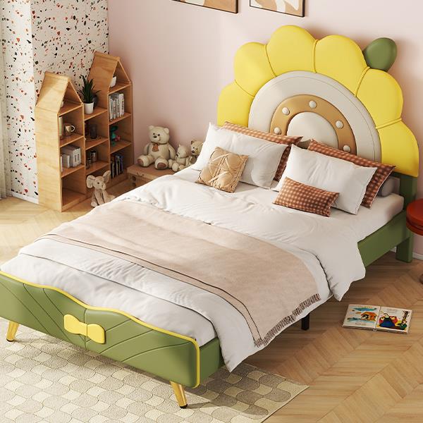 Twin Size Upholstered Platform Bed with Sunflower Shaped Headboard, Green