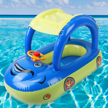 Inflatable Pool Float Car Shaped Toddler Swimming Float Boat Pool Toy Infant Swim Ring Pool with Sun Protection Canopy for 1-3 Year-Old Kids Infant Toddlers（No shipments on weekends）