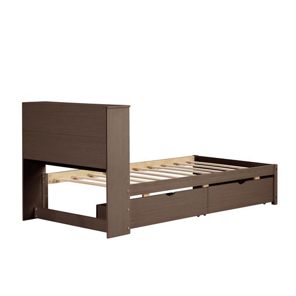 Modern Twin Size Bed Frame With Built-in USB Port on Bookcase Headboard and 2 Drawers for Walnut Color