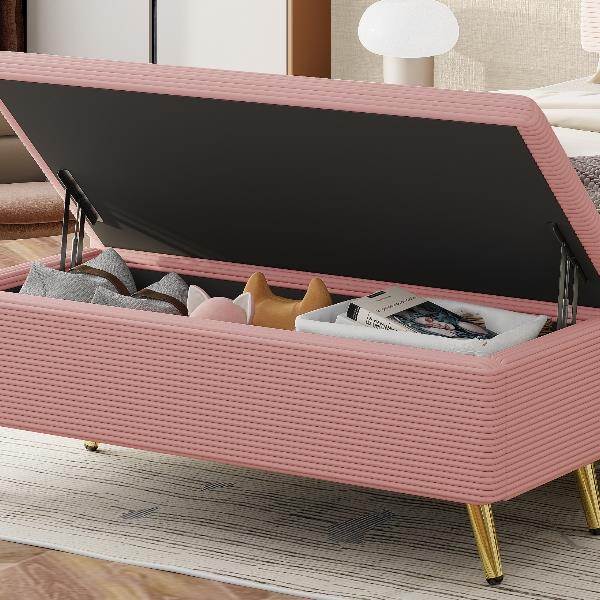 Modern Corduroy Upholstered Ottoman with Metal Legs, Storage Bench for Bedroom,Living Room,Pink