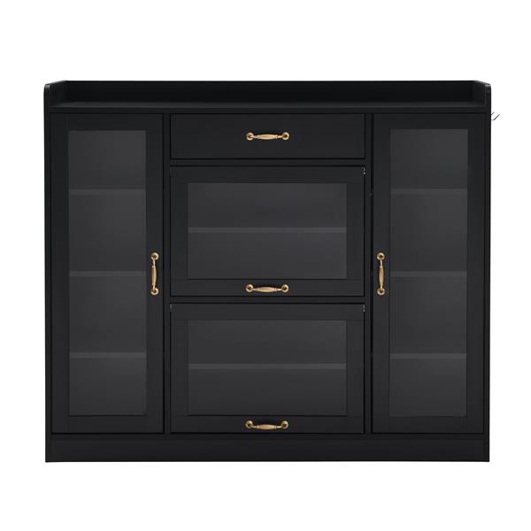 Modernist Side Cabinet with 4 Glass Doors & 3 Hooks, Freestanding Shoe Rack with Multiple Adjustable Shelves, Versatile Display Cabinet with Gold Handles for Hallway, Living Room, Black