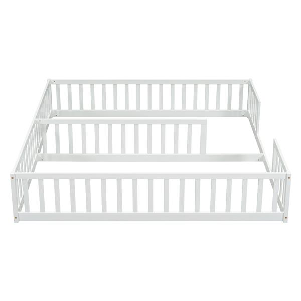 Double Twin Floor Bed with Fence, Guardrails, without door, White