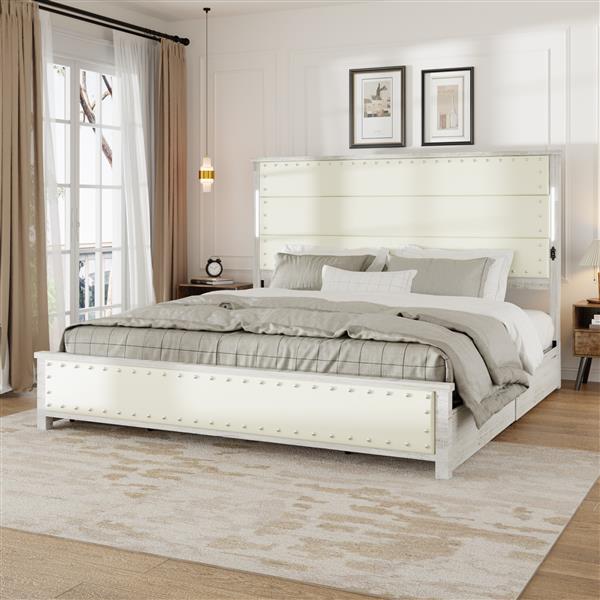 King Size Bed Frame with Upholstered Headboard and  4 Storage Drawers , King Bed Frame with Charging Station and LED Lights, Wood Slats, Beige Faux Leather & Rivets, No Box Spring Needed