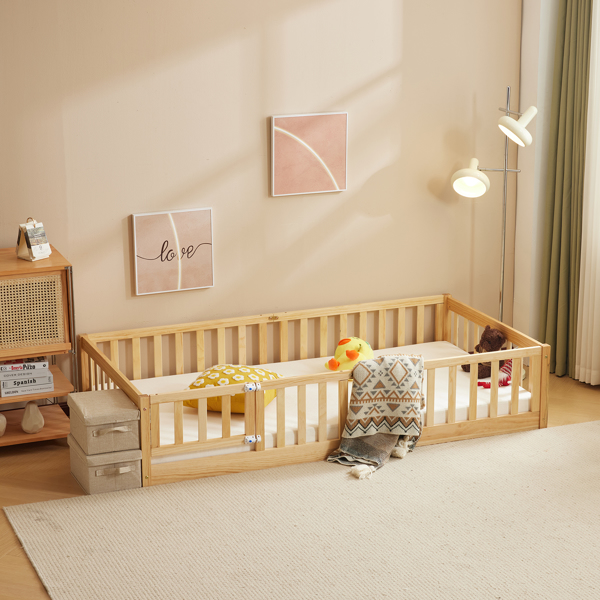 Fence bed with door and decking, natural wood color, painted surface, pine wood, twin children's bed