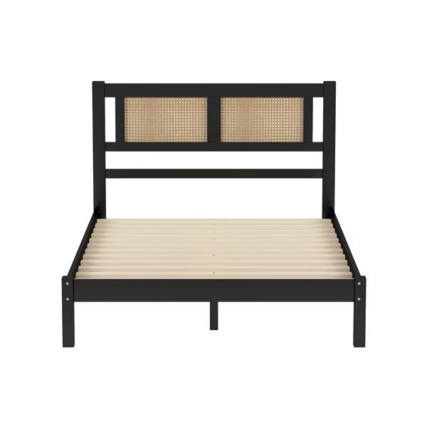 Full Size Wooden Platform Bed with Natural Rattan Headboard, Exquisite Elegance with Minimalist Charm for Bedroom, Black